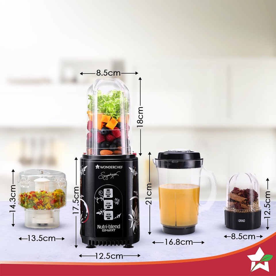 Wonderchef Nutri-blend Smart CKM 63154857 dimensions diagram showing the base, tall jar, big jar, chopper and grind jar sizes in cm