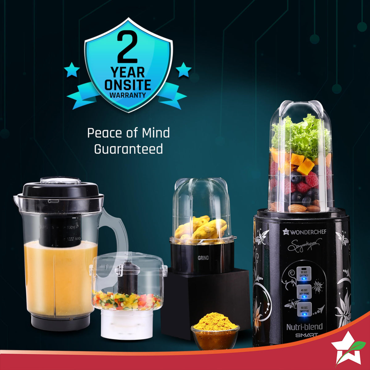 Wonderchef Nutri-blend Smart CKM 63154857 with big jar, chopper, grind jar and tall jar beside a 2 Year Onsite Warranty badge