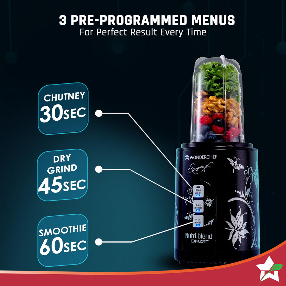 Wonderchef Nutri-blend Smart CKM 63154857 control panel with 30 sec chutney, 45 sec dry grind and 60 sec smoothie preset menus