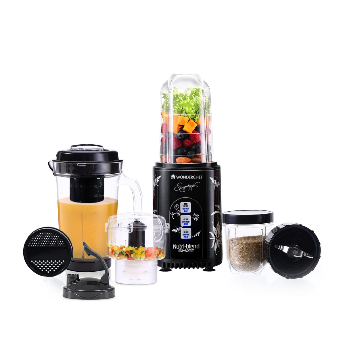 Wonderchef Nutri-blend Smart CKM 63154857 black mixer grinder with tall jar of fruits, big juicer jar, chopper, grind jar and blade assembly