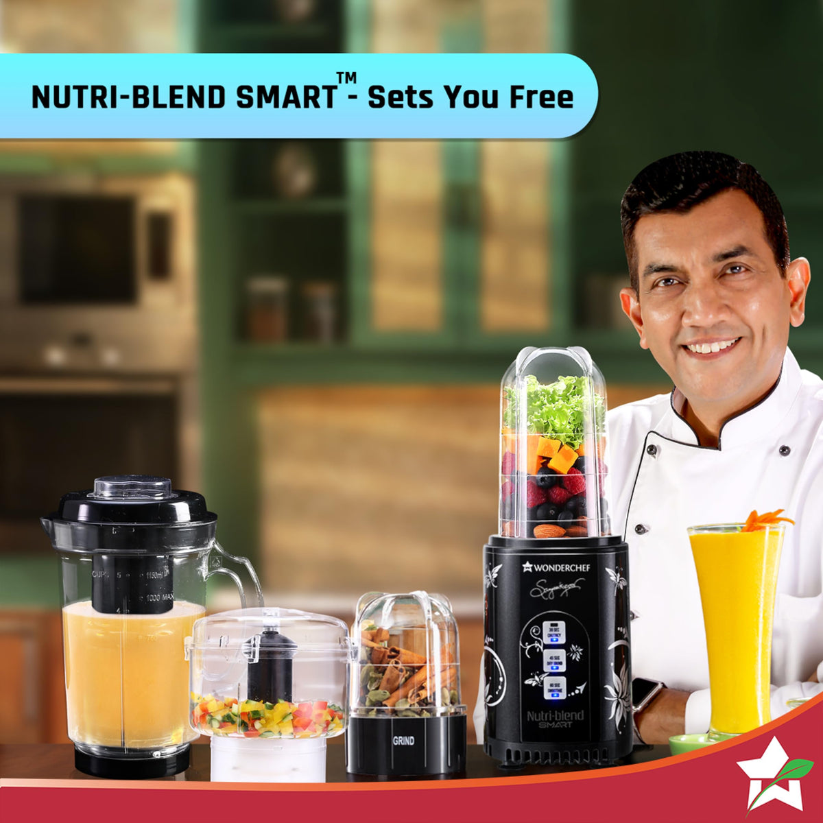 Wonderchef Nutri-blend Smart CKM 63154857 full set with jars and chopper in a kitchen setting next to a glass of juice