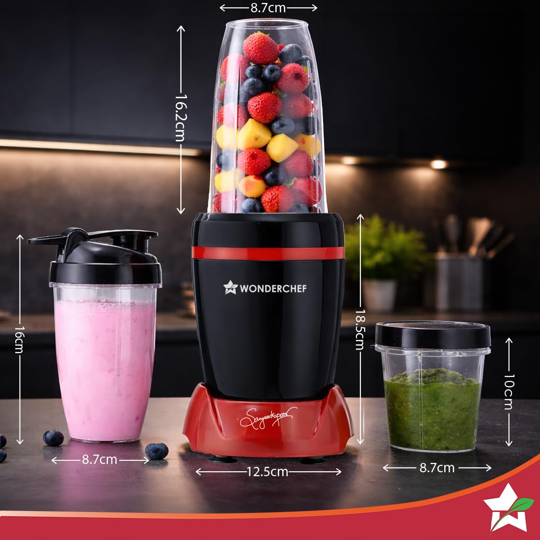 Wonderchef Nutri-Blend Turbo 63155247 with dimension markings on the base unit and the three jars
