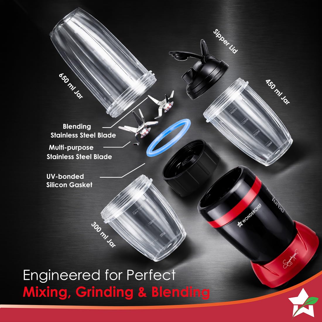 Wonderchef Nutri-Blend Turbo 63155247 components laid out: jars, sipper lid, stainless-steel blades, silicone gasket and motor base