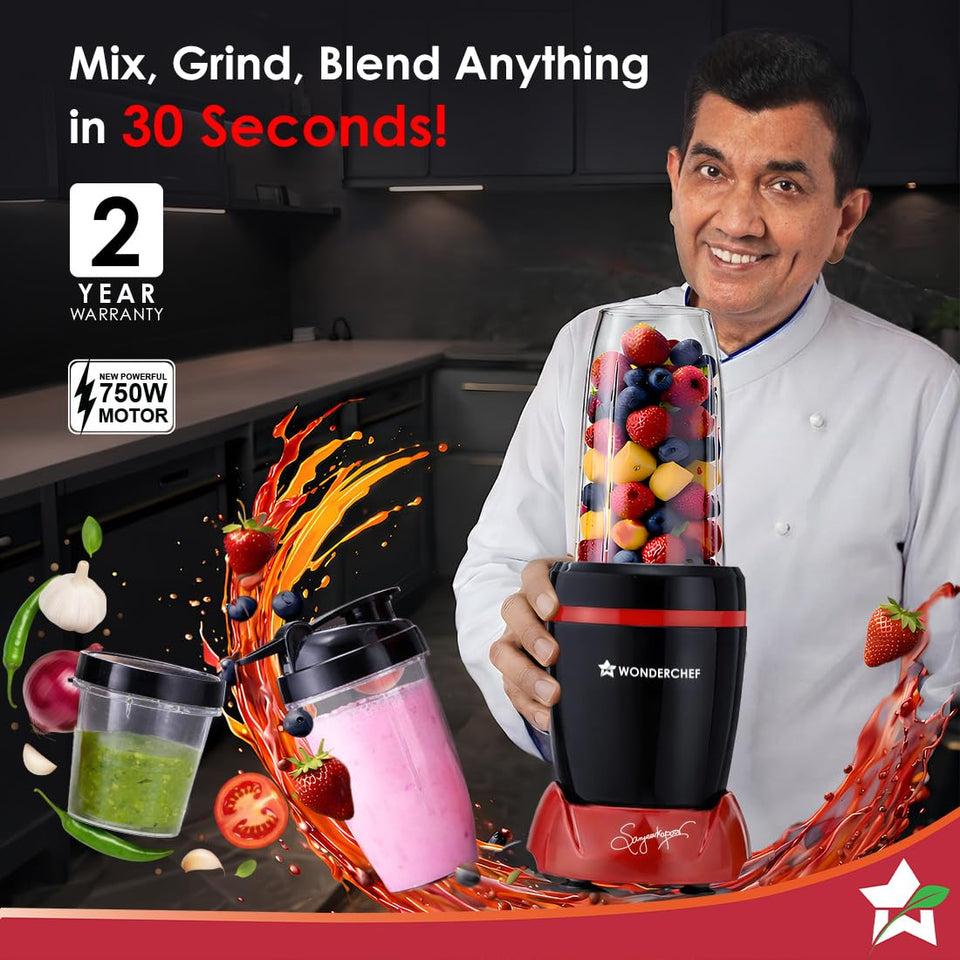 Wonderchef Nutri-Blend Turbo 63155247 held by a chef, with 30-second blending, 2-year warranty and 750W motor callouts