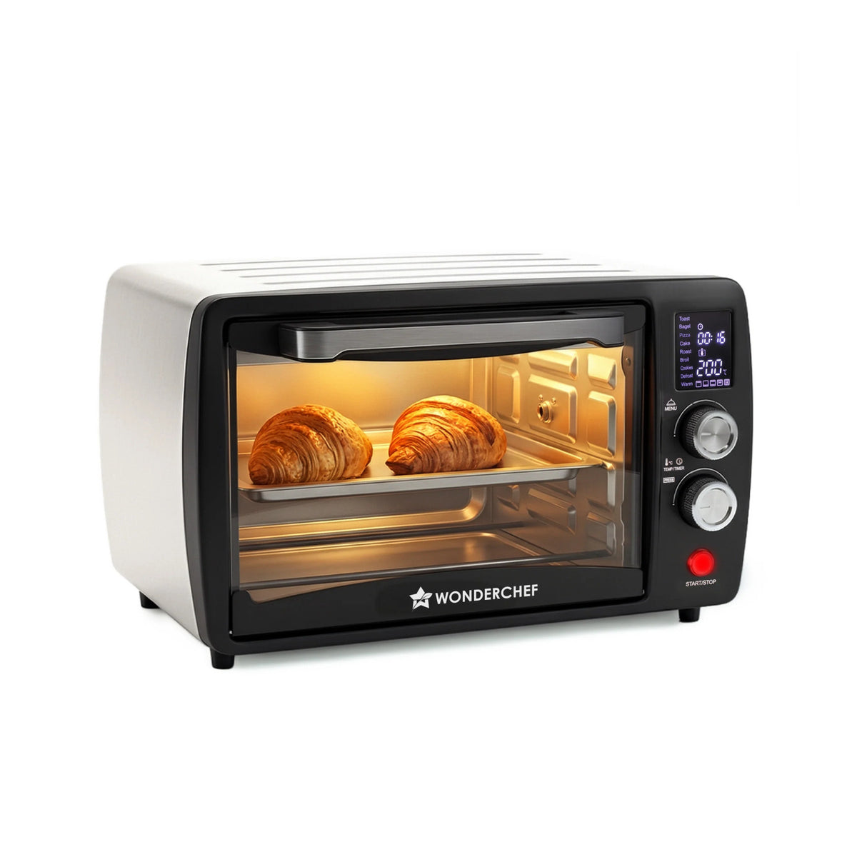 Wonderchef 63155199 23 L digital OTG oven with two croissants baking on a tray, digital display and control knobs on the right