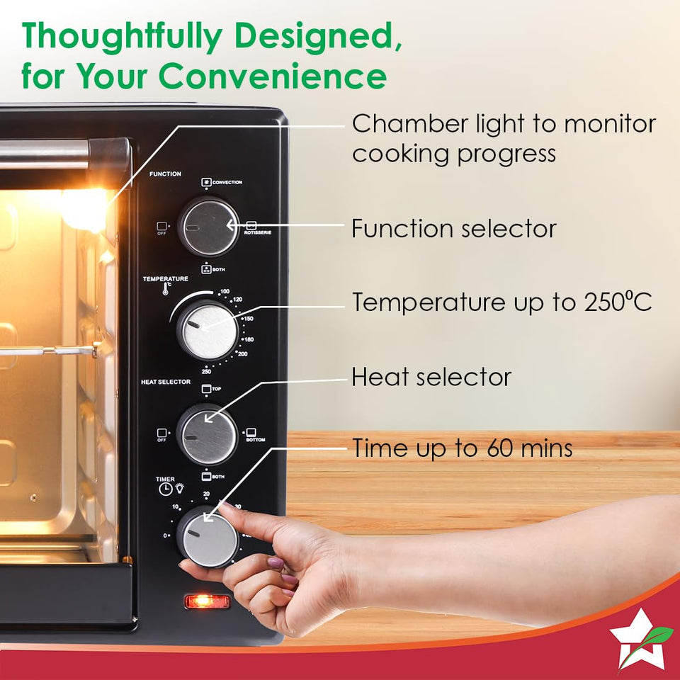 Close-up of Wonderchef 63152220 OTG control knobs: function selector, temperature up to 250 °C, heat selector and 60 minute timer