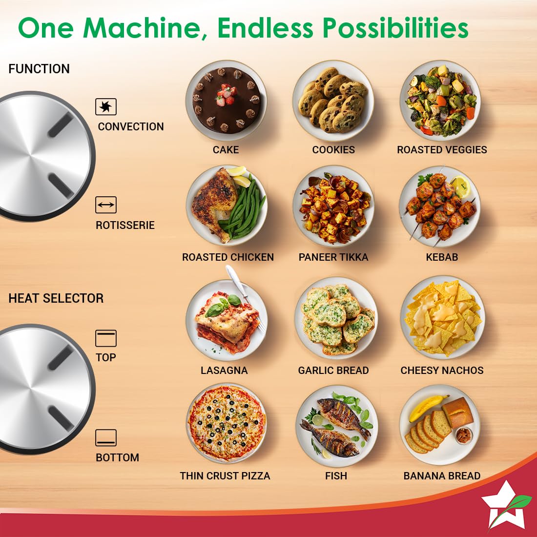 Wonderchef 63152220 OTG function and heat selector chart with dishes such as cake, cookies, kebab, lasagna and pizza