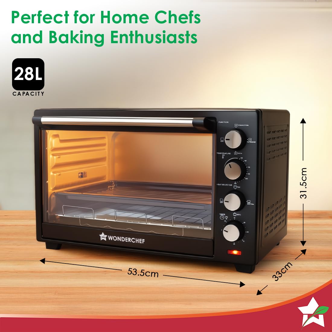 Wonderchef 63152220 28 L OTG with dimensions of 53.5 cm width, 31.5 cm height and 33 cm depth marked