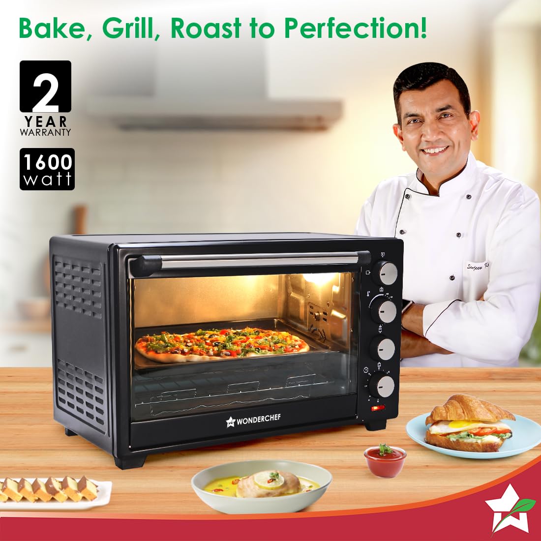 Wonderchef 63152220 OTG baking a pizza on a kitchen counter, with 2 year warranty and 1600 watt badges