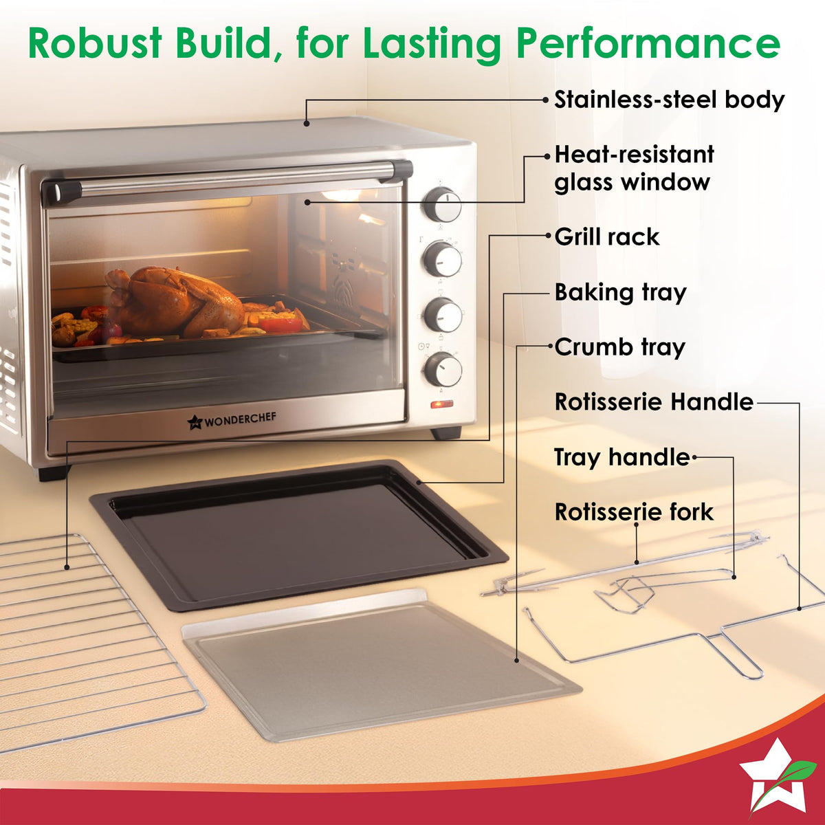 Wonderchef 63152804 OTG with labelled features and accessories: grill rack, baking tray, crumb tray, rotisserie fork and handles