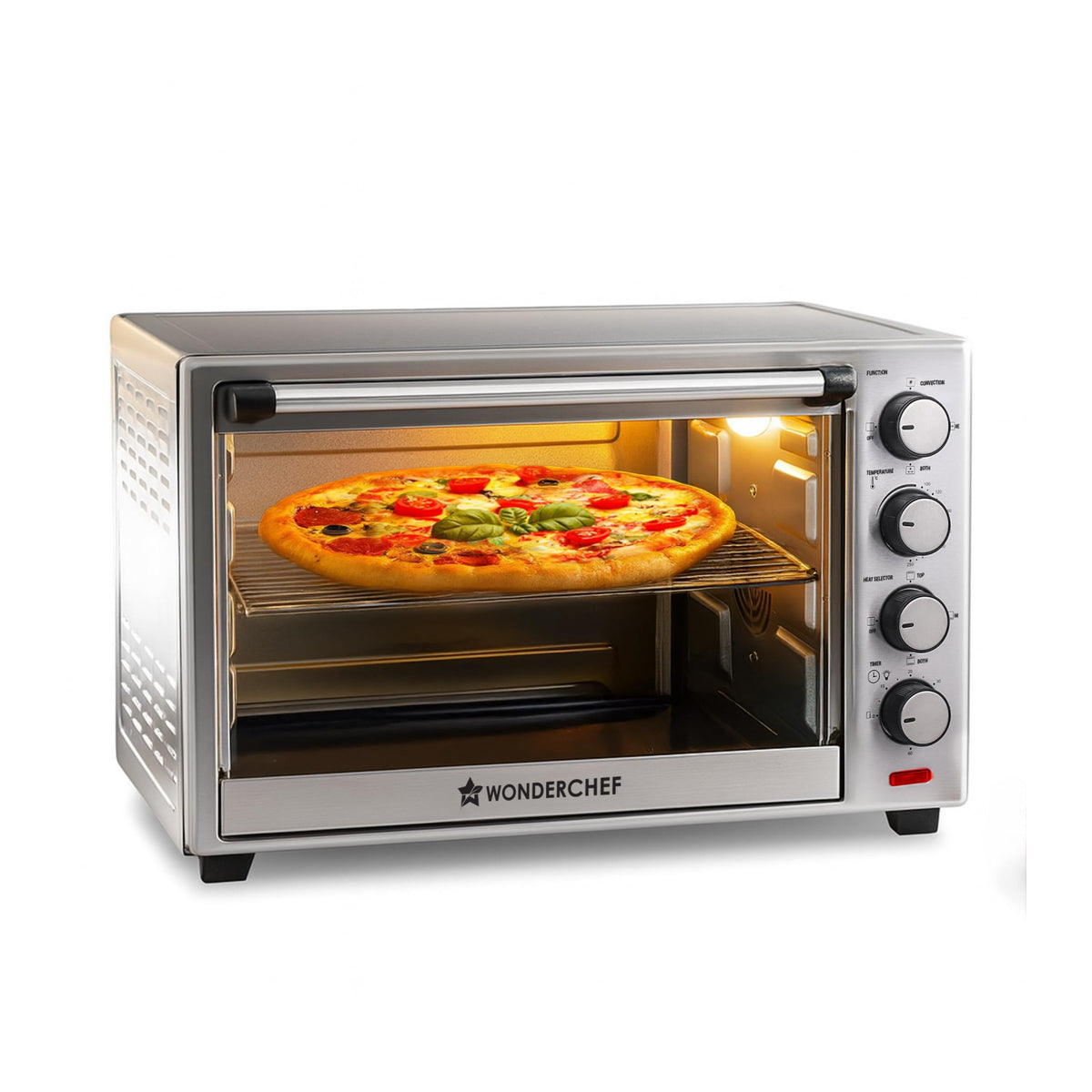 Wonderchef 63152804 60 L stainless steel OTG with a pizza on the wire rack and the interior lamp on