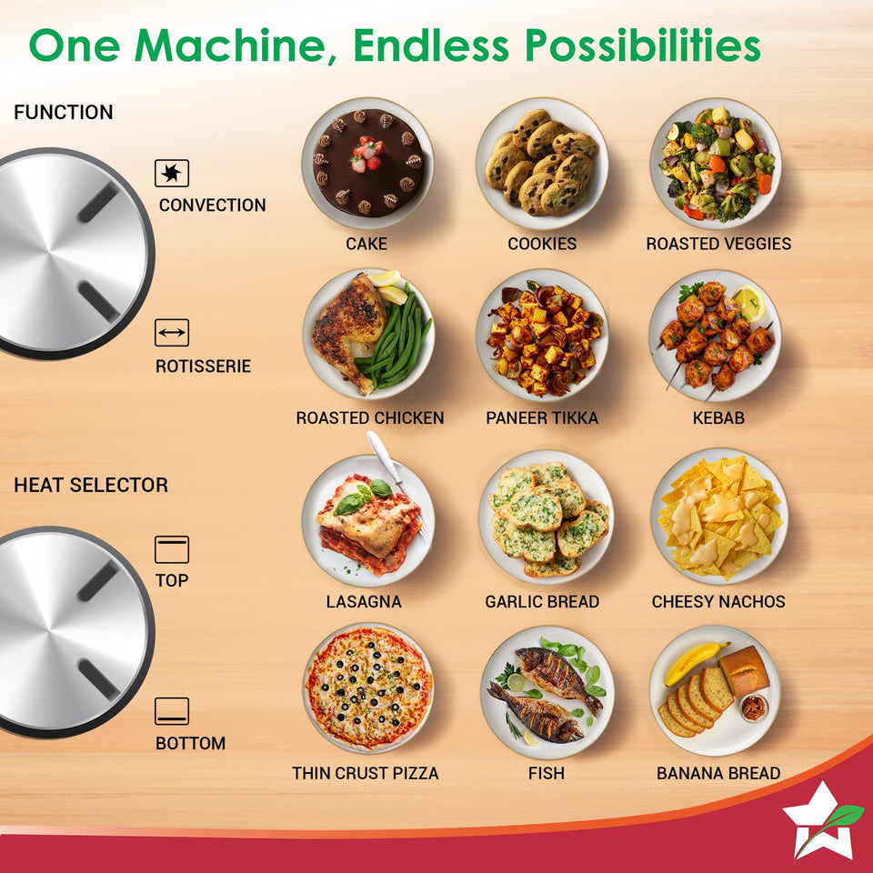 Wonderchef 63152804 OTG function and heat selector settings with dishes such as cake, cookies, paneer tikka, kebab, lasagna and pizza