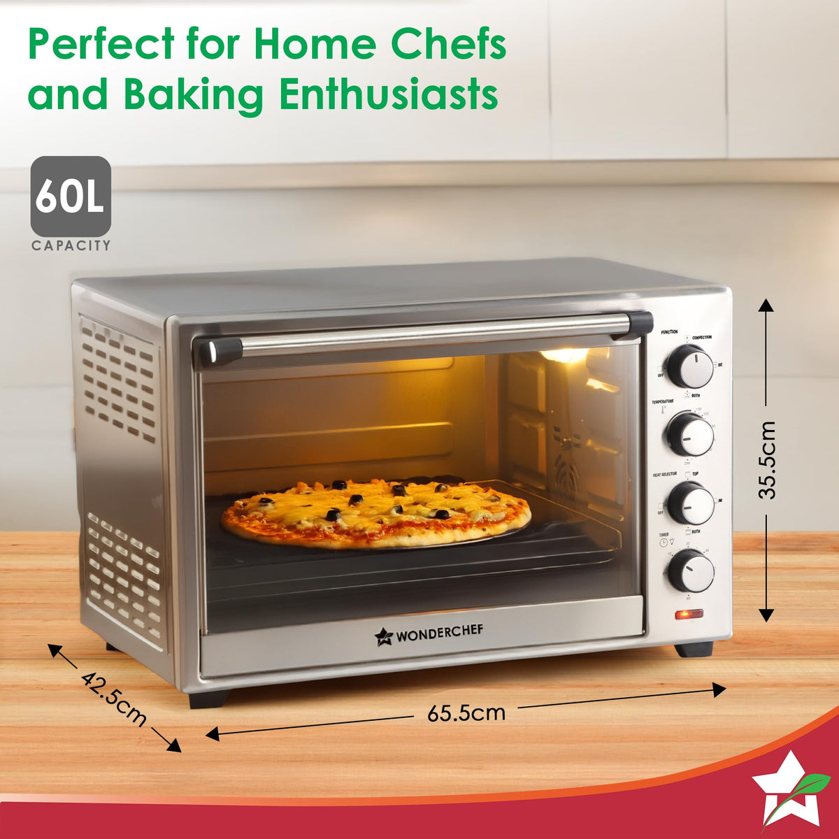 Wonderchef 63152804 60 L OTG on a kitchen counter with 65.5 cm width, 35.5 cm height and 42.5 cm depth marked