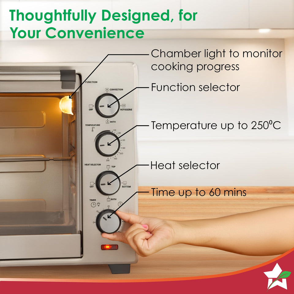 Control panel of the Wonderchef 63152804 OTG showing chamber light, function selector, 250°C temperature, heat selector and 60 minute timer