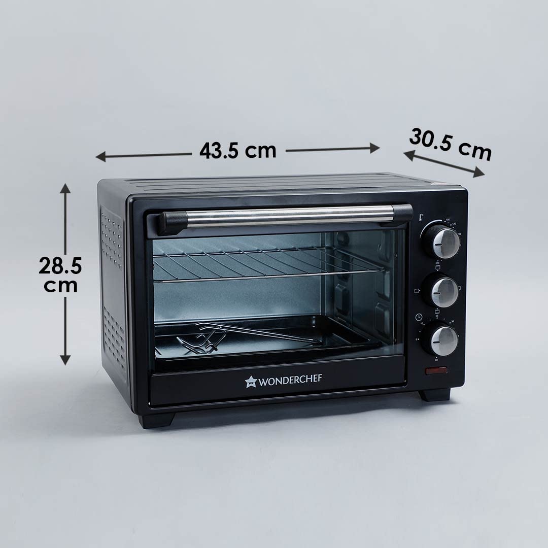 Wonderchef 63152143 19 L OTG with dimension markings of 43.5 cm, 30.5 cm and 28.5 cm, showing wire rack and tray