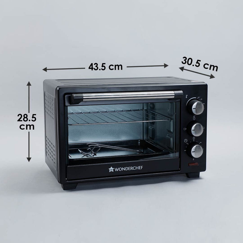Wonderchef 63152143 19 L OTG with dimension markings of 43.5 cm, 30.5 cm and 28.5 cm, showing wire rack and tray