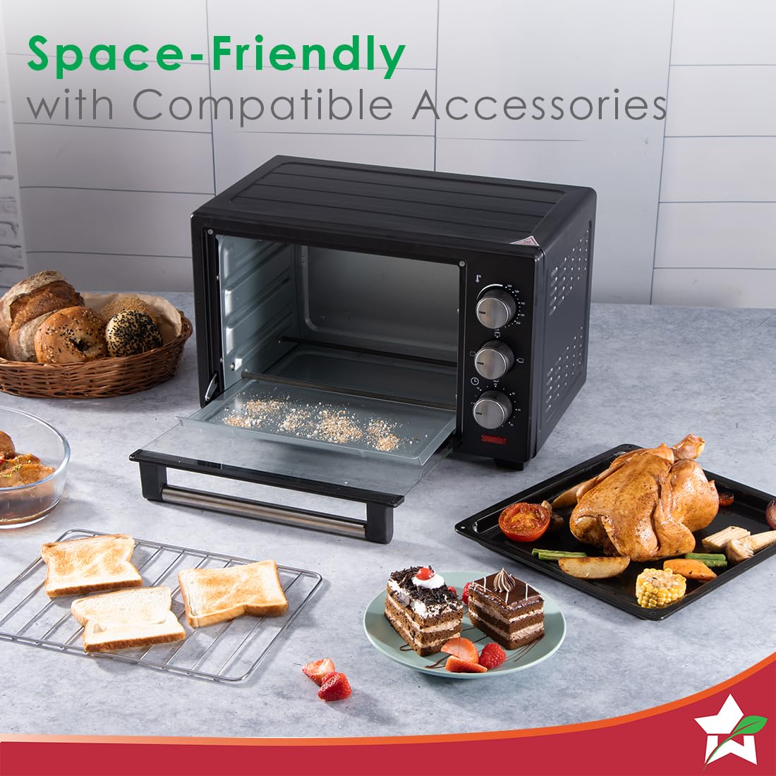 Wonderchef 63152143 OTG with door open showing crumb tray, wire rack and baking tray with food