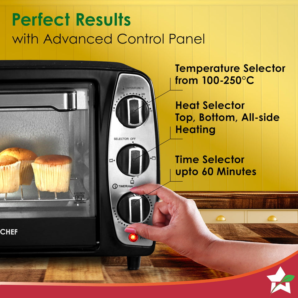 Close-up of Wonderchef 63155025 OTG control panel showing temperature, heat and timer selectors