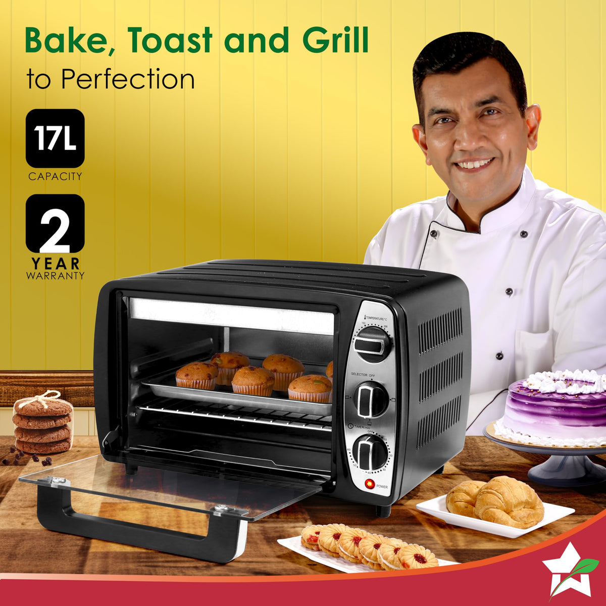 Wonderchef 63155025 17 L OTG with open glass door and muffins on tray, with 17L capacity and 2 year warranty badges