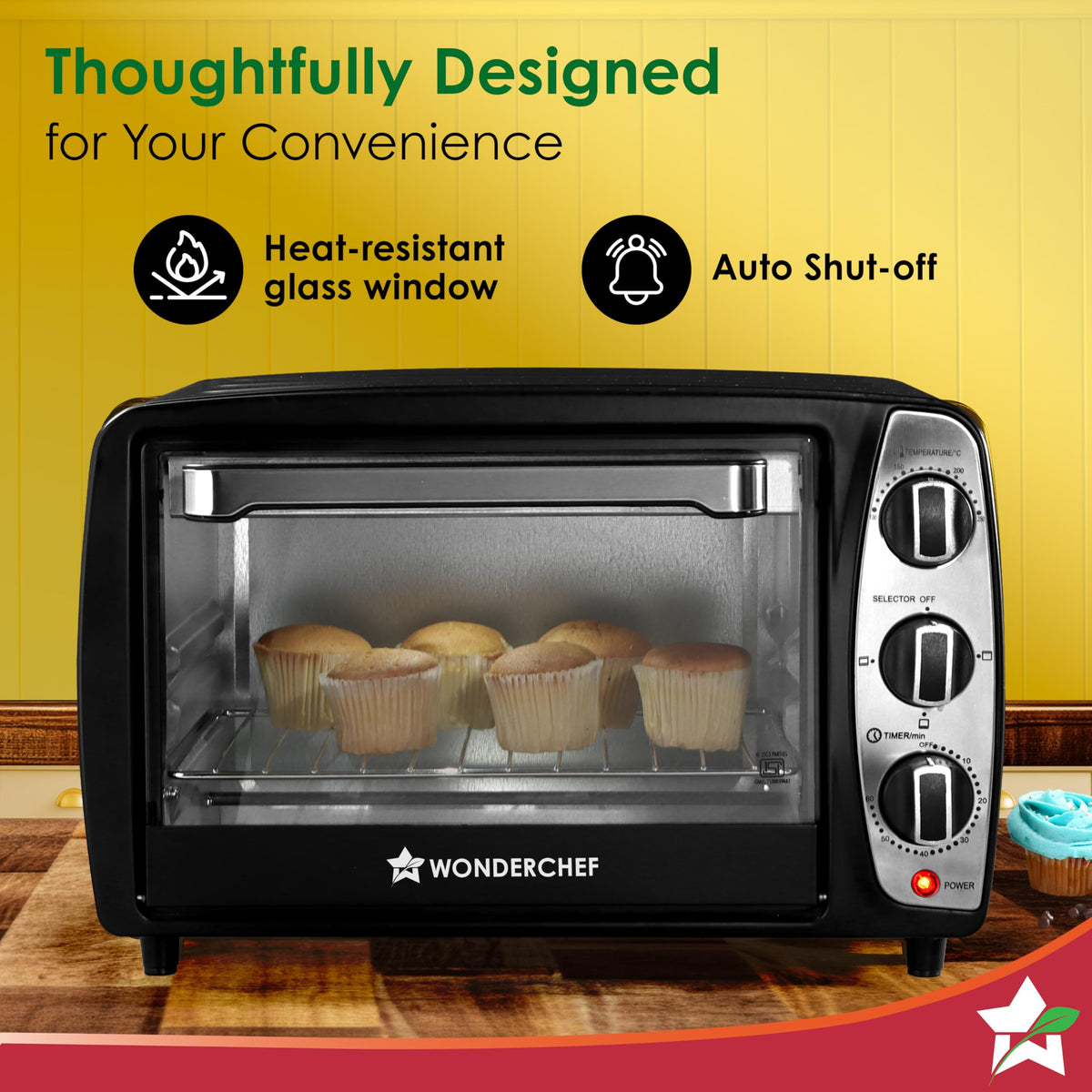 Front view of Wonderchef 63155025 OTG with muffins inside, highlighting heat-resistant glass window and auto shut-off