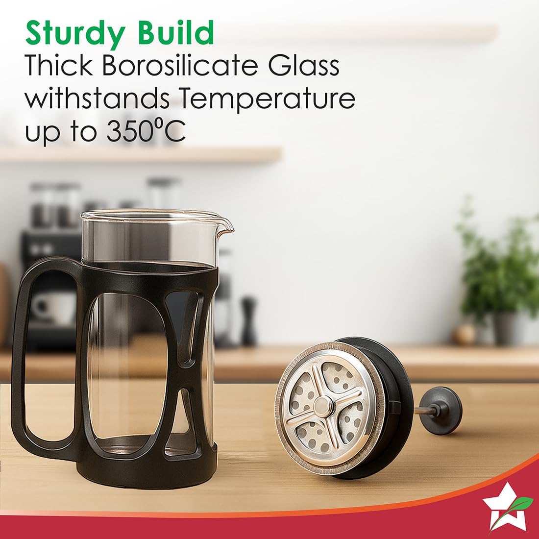 Wonderchef 63152774 French press carafe and plunger separated, highlighting the borosilicate glass build