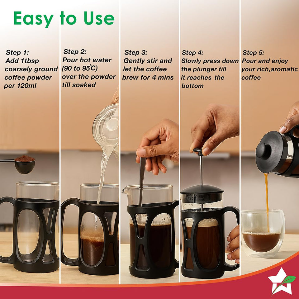 Five-step brewing guide for the Wonderchef 63152774 French press, from adding coffee to pouring
