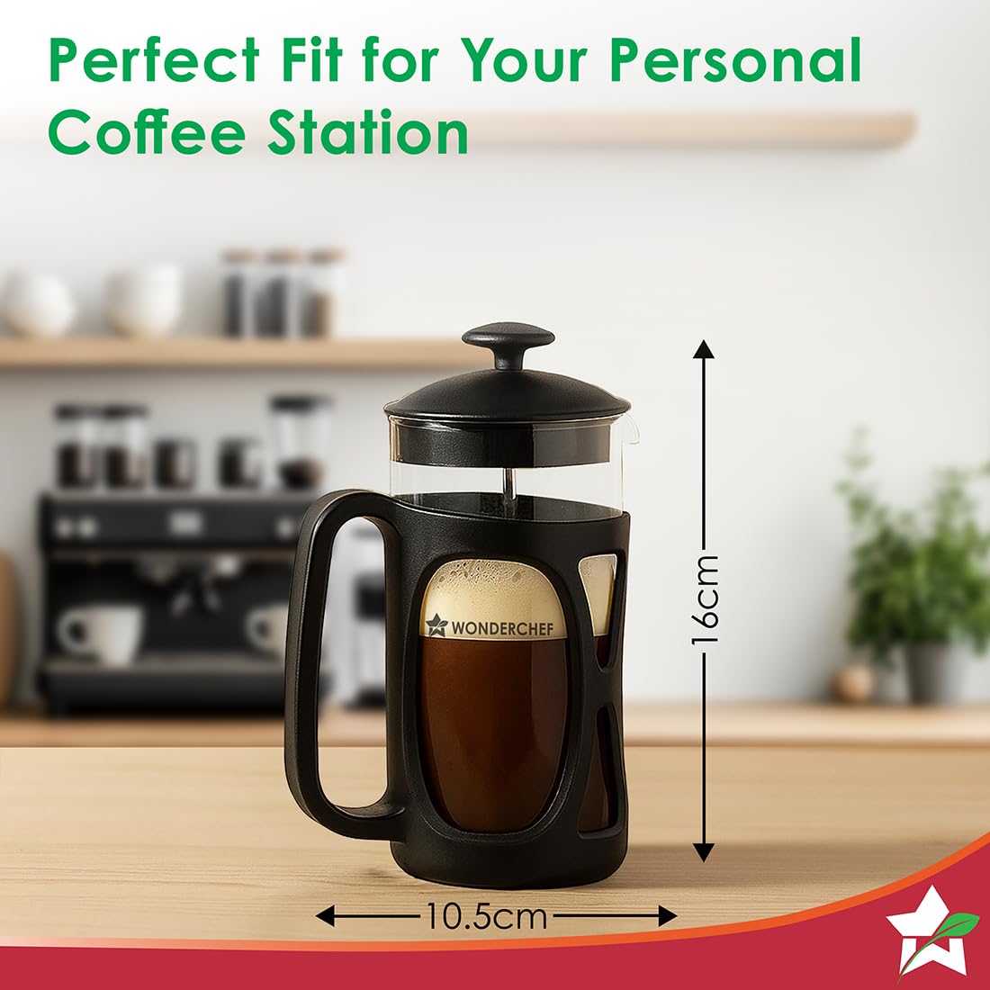 Wonderchef 63152774 French press on a kitchen counter with 16 cm height and 10.5 cm width callouts
