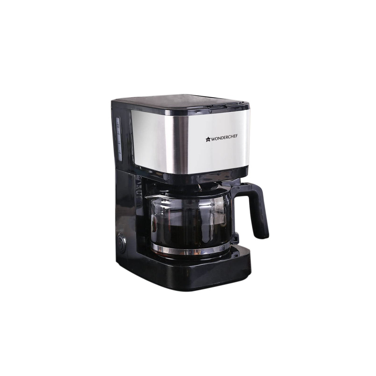 Wonderchef Regalia Pronto Brew 63154572 coffee maker in black and brushed steel with glass carafe of coffee on the hot plate