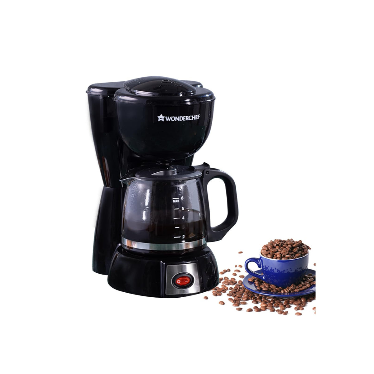 Wonderchef Onyx Brew 63154852 black drip coffee maker with glass carafe and a cup of coffee beans beside it
