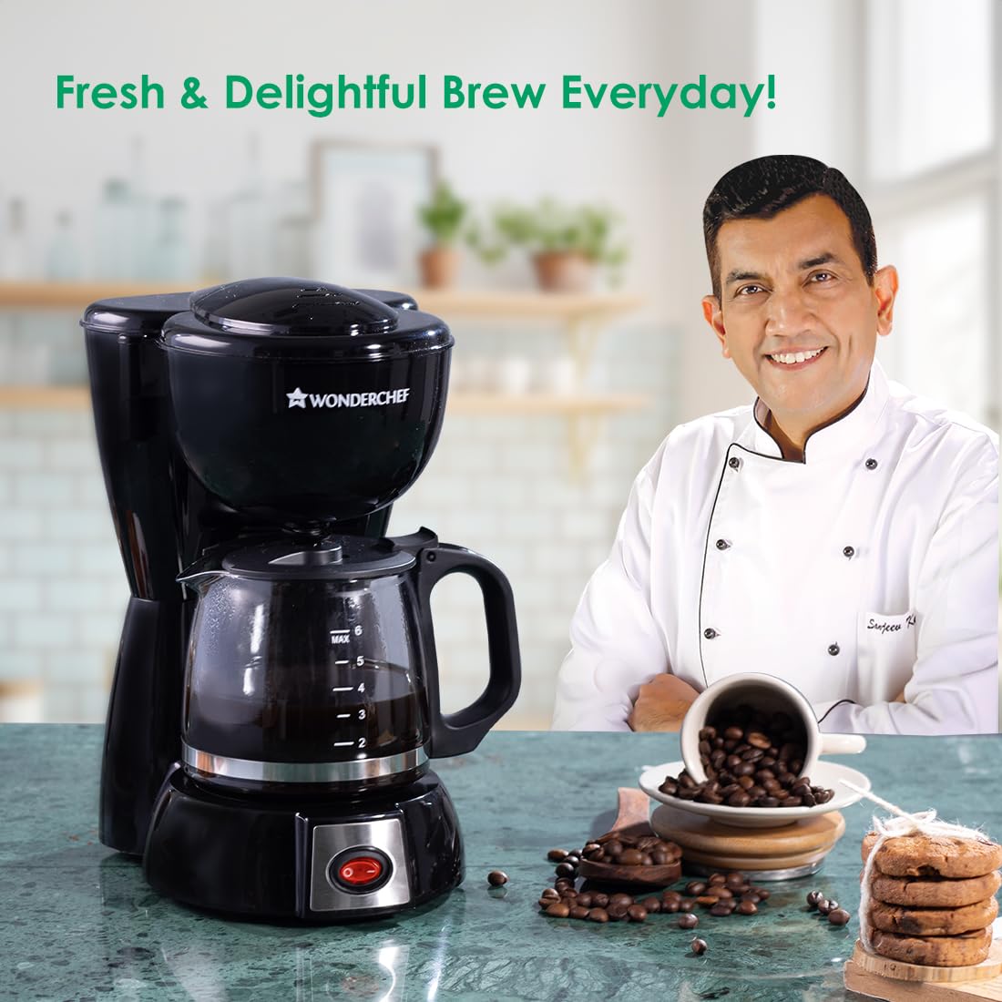 Wonderchef Onyx Brew 63154852 coffee maker on a kitchen counter with coffee beans and the headline Fresh & Delightful Brew Everyday