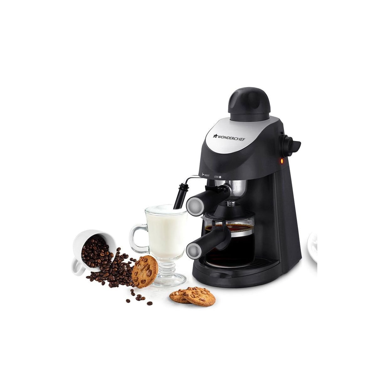 Wonderchef Regenta 63154851 espresso machine in black and silver with glass carafe, a glass of milk, coffee beans and cookies