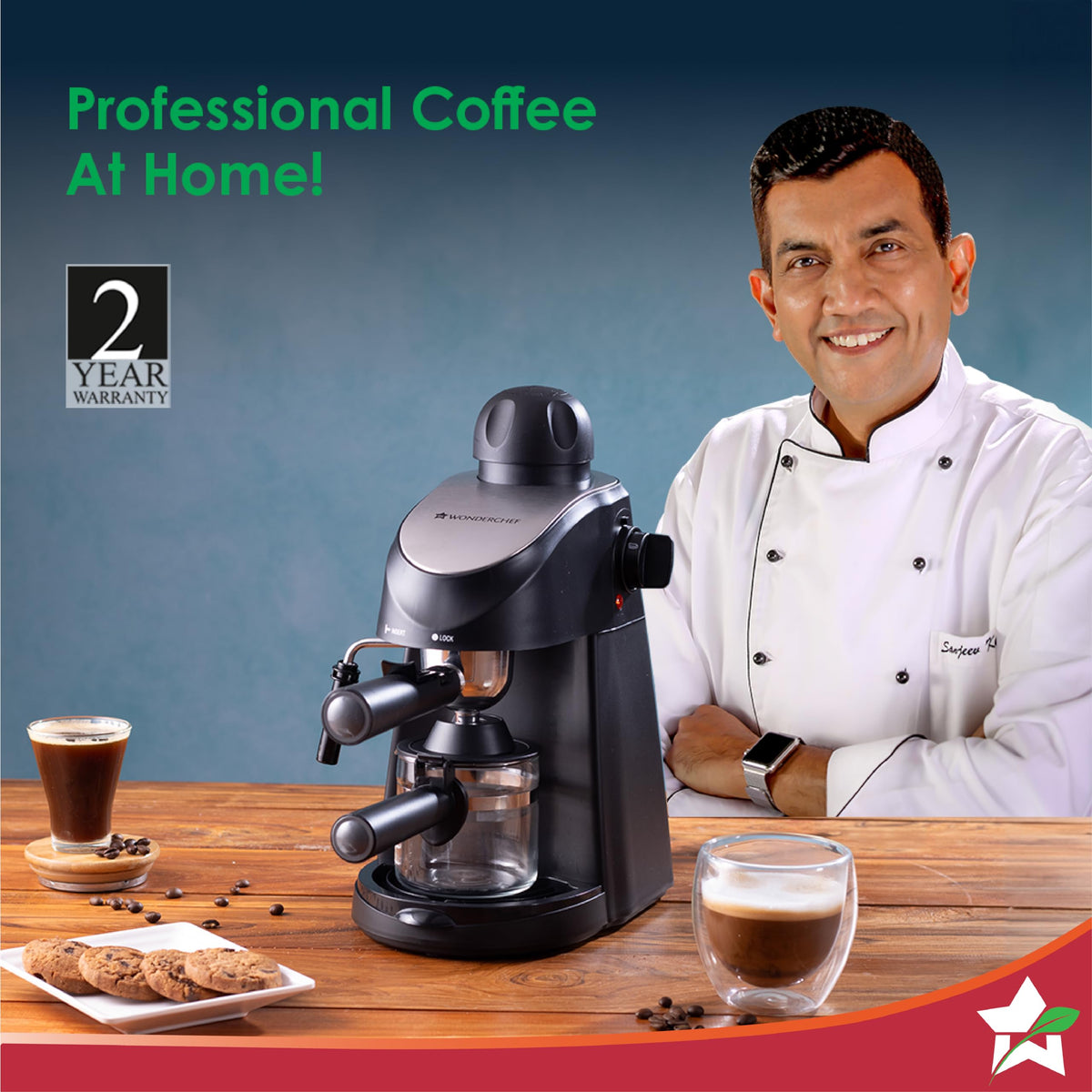 Wonderchef Regenta 63154851 espresso machine on a wooden counter beside a chef, with a 2 year warranty badge