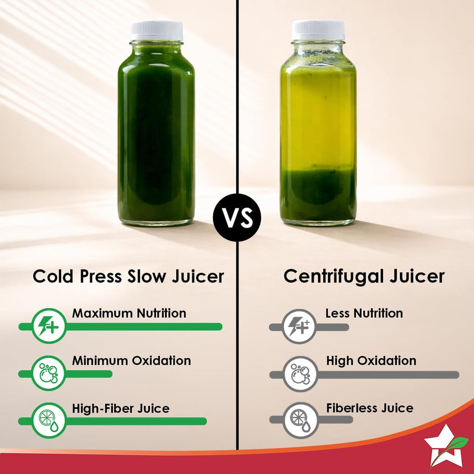 Comparison graphic of cold press slow juicer versus centrifugal juicer for the Wonderchef Regalia 63154559, with two bottles of green juice
