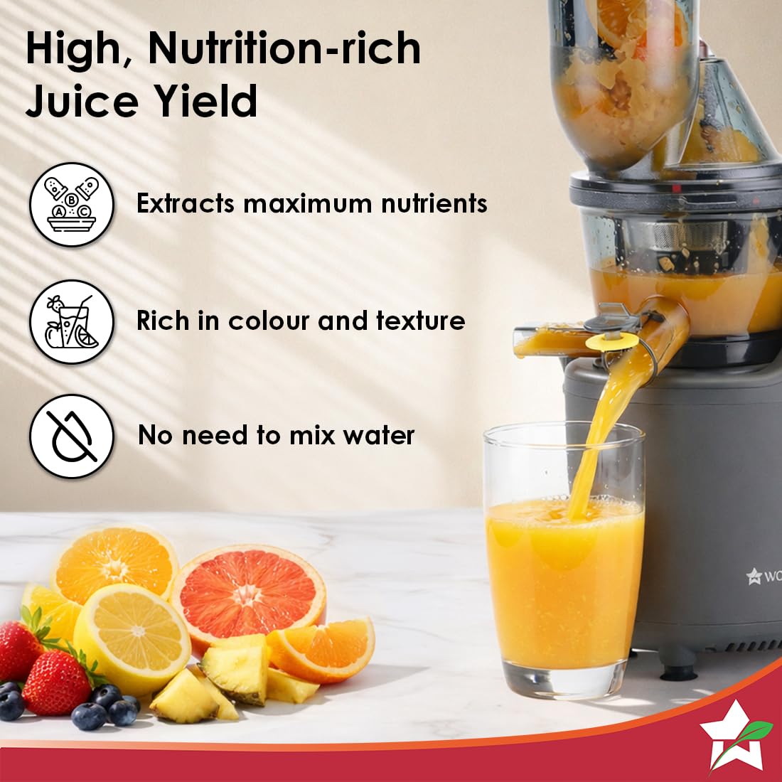 Wonderchef Regalia 63154559 pouring orange juice into a glass, with citrus, pineapple and berries and juice yield highlights