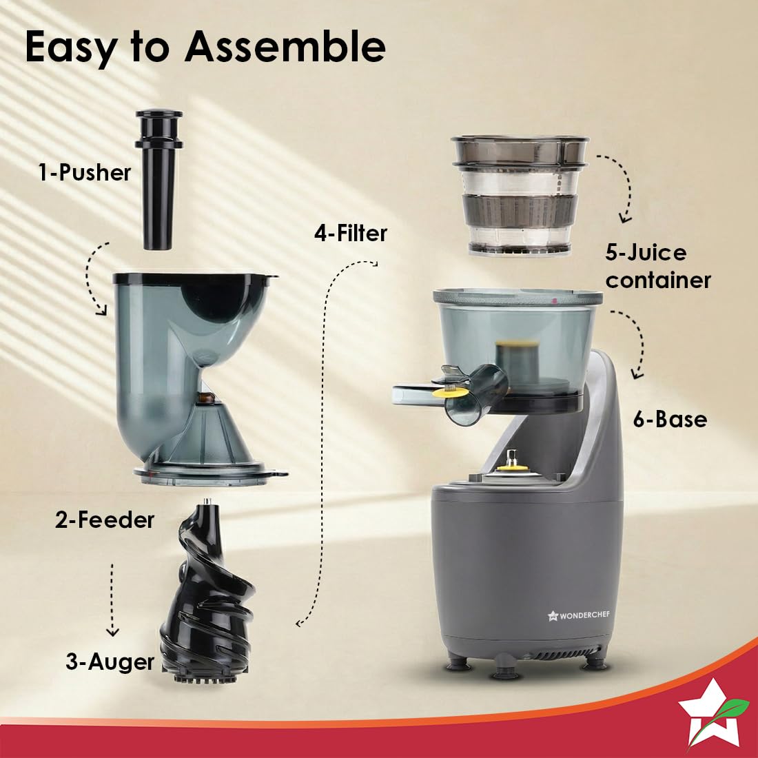 Wonderchef Regalia 63154559 assembly diagram showing pusher, feeder, auger, filter, juice container and base