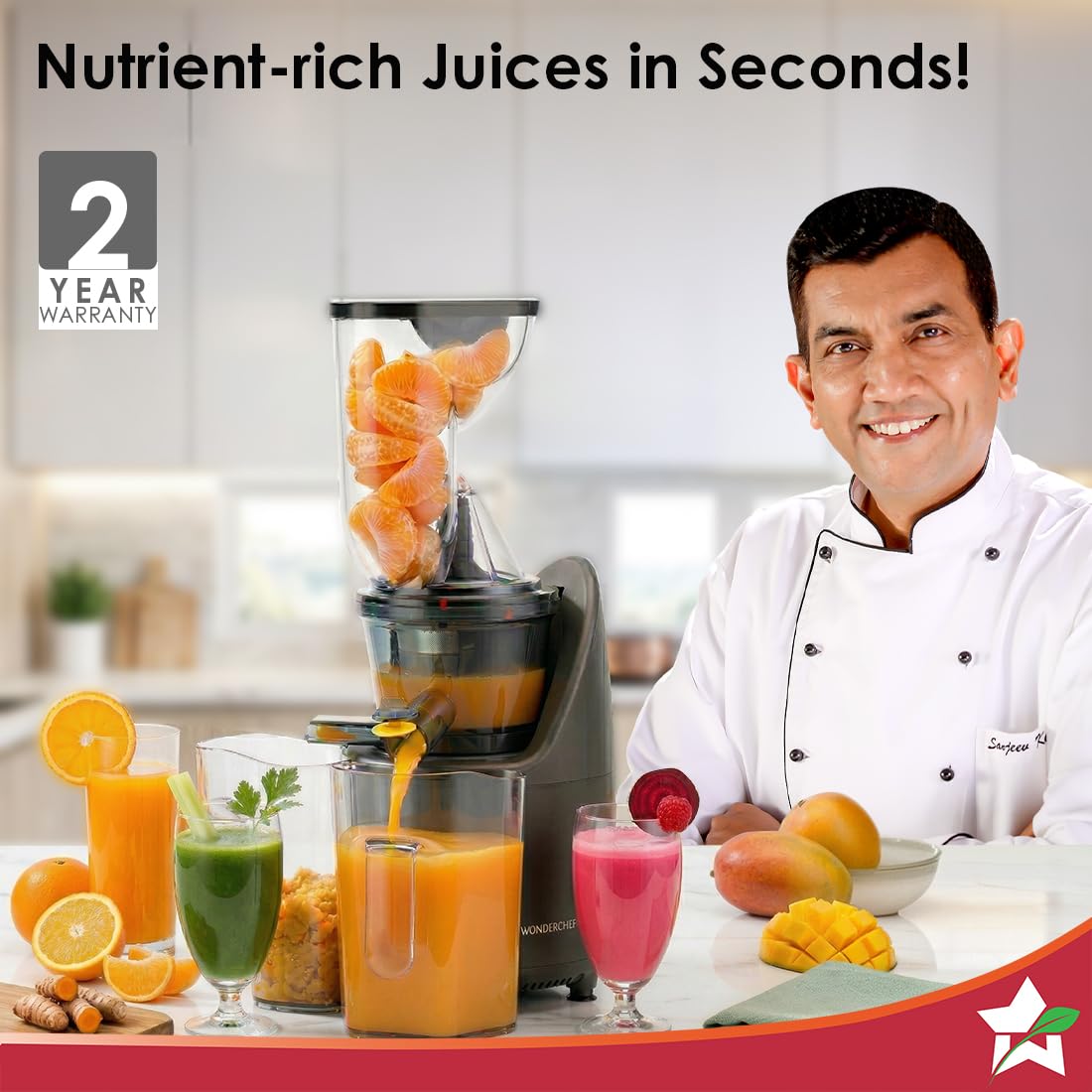 Wonderchef Regalia 63154559 slow juicer on a kitchen counter with orange, green and beetroot juices, fruit and a 2 year warranty badge