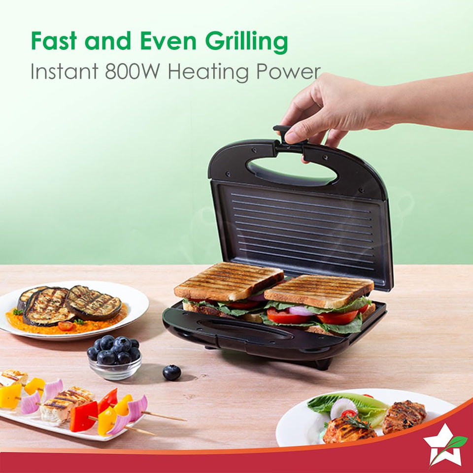 Wonderchef Prato Plus 63154445 griller with two grilled sandwiches on the plate, highlighting 800 W heating power
