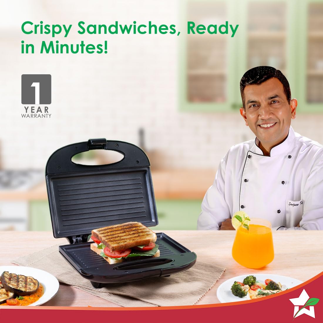 Wonderchef Prato Plus 63154445 griller with a grilled sandwich, with a chef beside it and a 1 year warranty badge