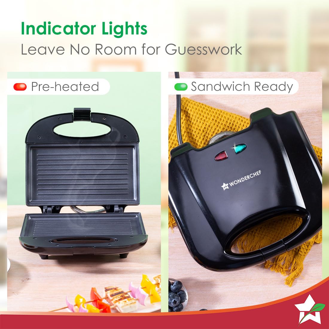 Wonderchef Prato Plus 63154445 griller showing the red pre-heated and green sandwich-ready indicator lights