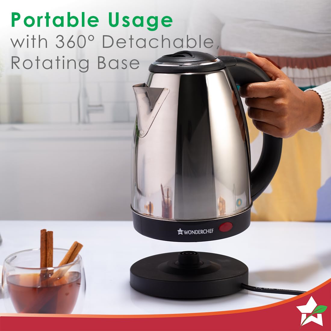 Wonderchef Crescent electric kettle lifted off its 360° detachable rotating base