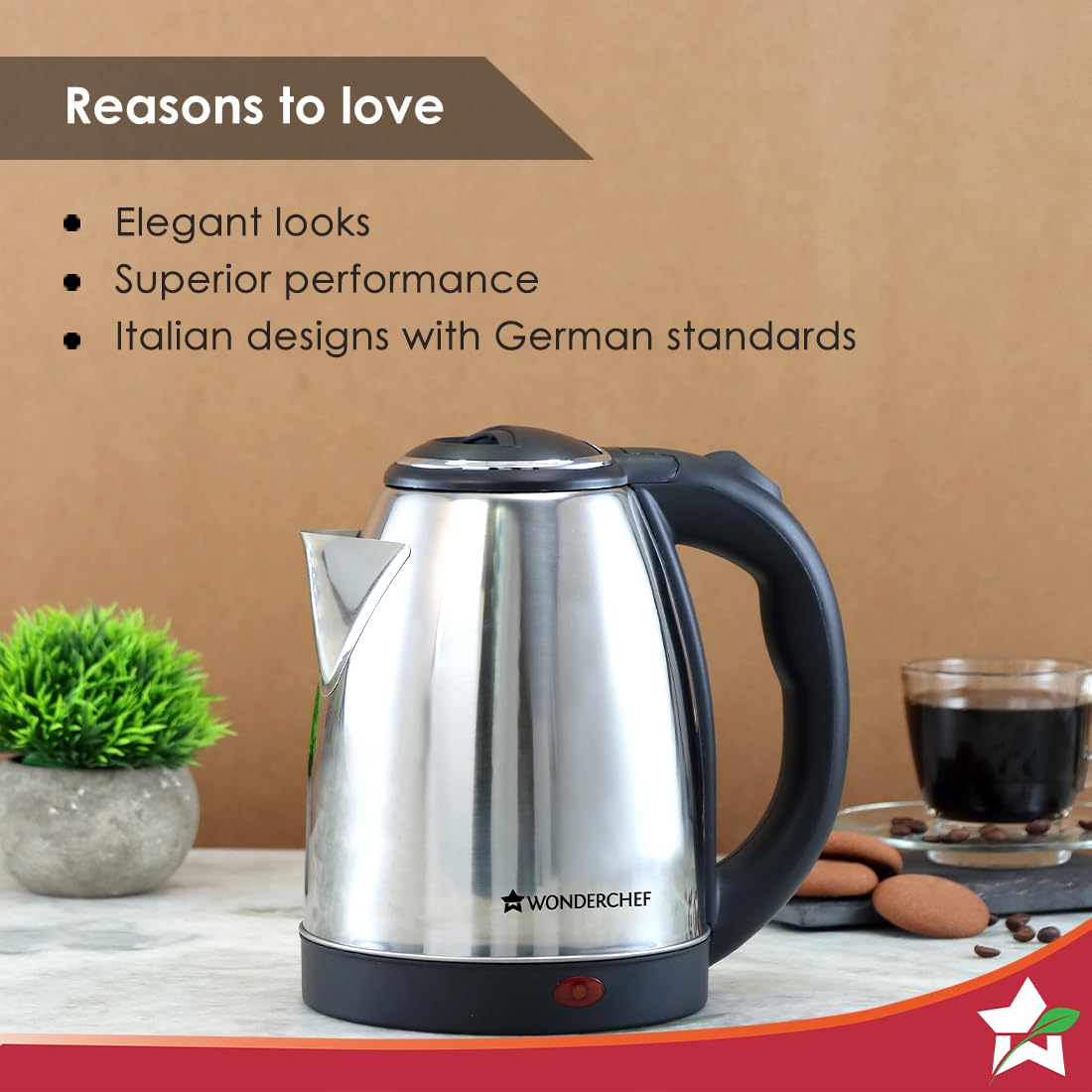 Wonderchef Crescent electric kettle on a kitchen counter beside a cup of coffee with Reasons to love text