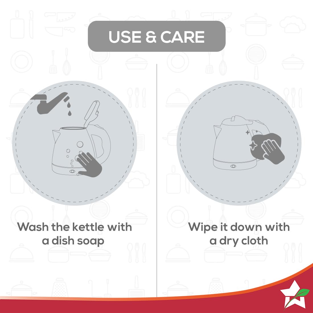 Wonderchef Crescent electric kettle use and care guide: wash with dish soap and wipe with a dry cloth