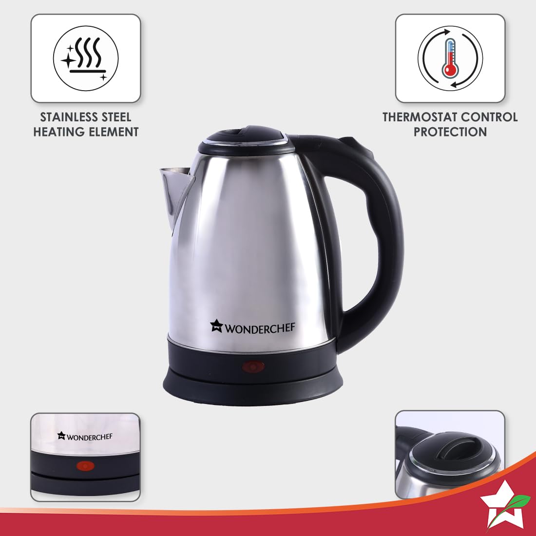 Wonderchef Crescent electric kettle with callouts for stainless steel heating element and thermostat control protection