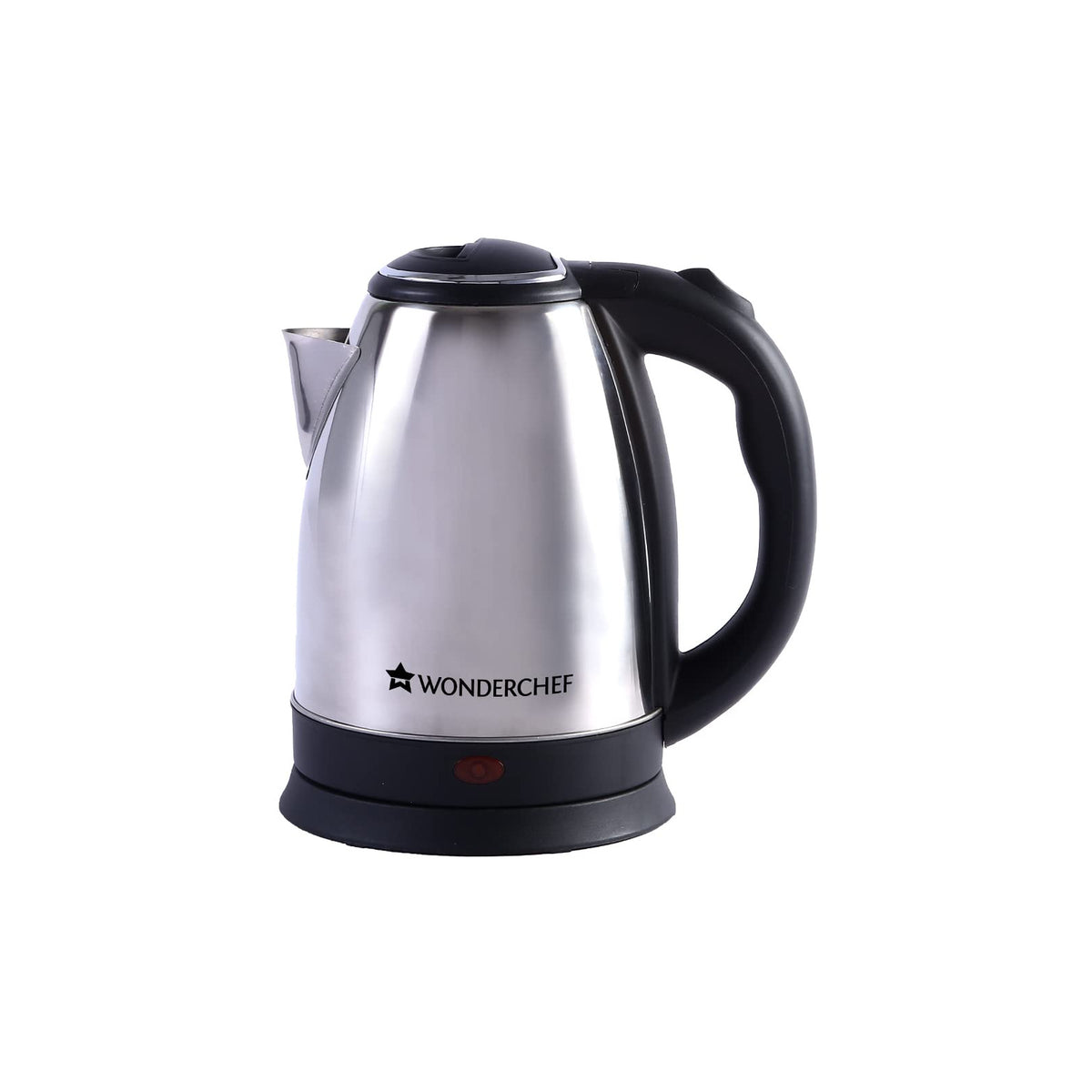 Wonderchef Crescent 1.8 L stainless steel electric kettle with black handle and base on a white background