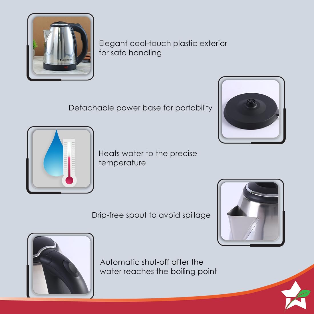 Wonderchef Crescent electric kettle feature graphic showing cool-touch exterior, detachable power base, drip-free spout and automatic shut-off