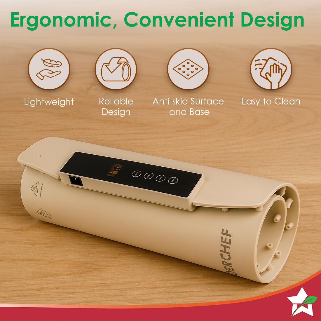 Wonderchef WonderMat food warming mat rolled up, showing the touch control panel and anti-skid base