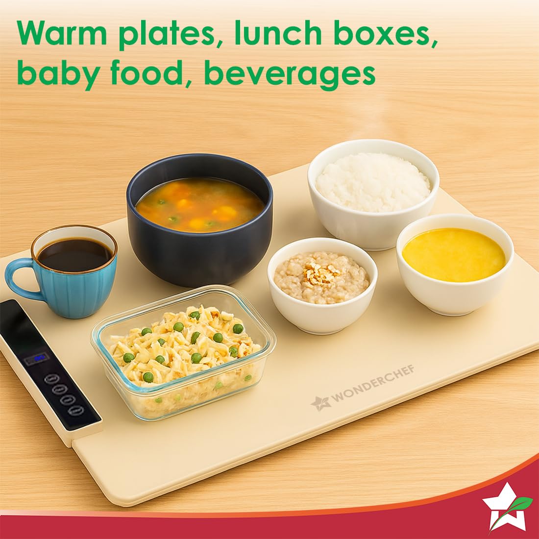 Wonderchef WonderMat food warming mat with soup, rice, porridge, a glass lunch box and coffee placed on it