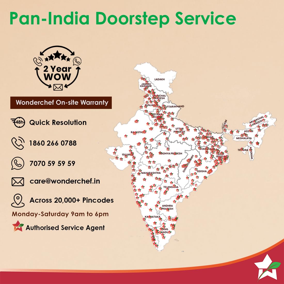 Wonderchef pan-India doorstep service and 2 Year on-site warranty information graphic with service contact details