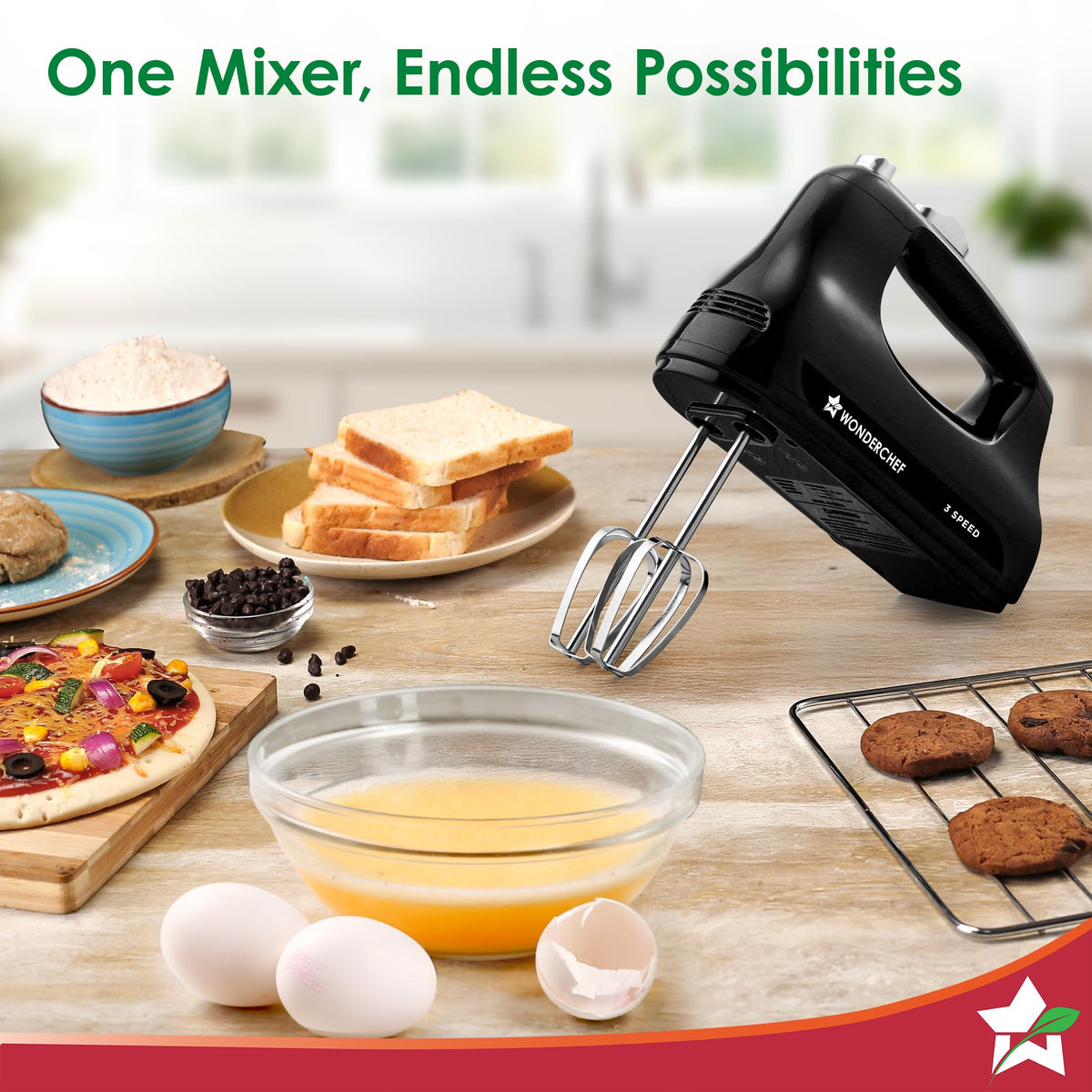 Wonderchef Essenza 63155060 hand mixer on a kitchen counter with eggs, bread, pizza and cookies