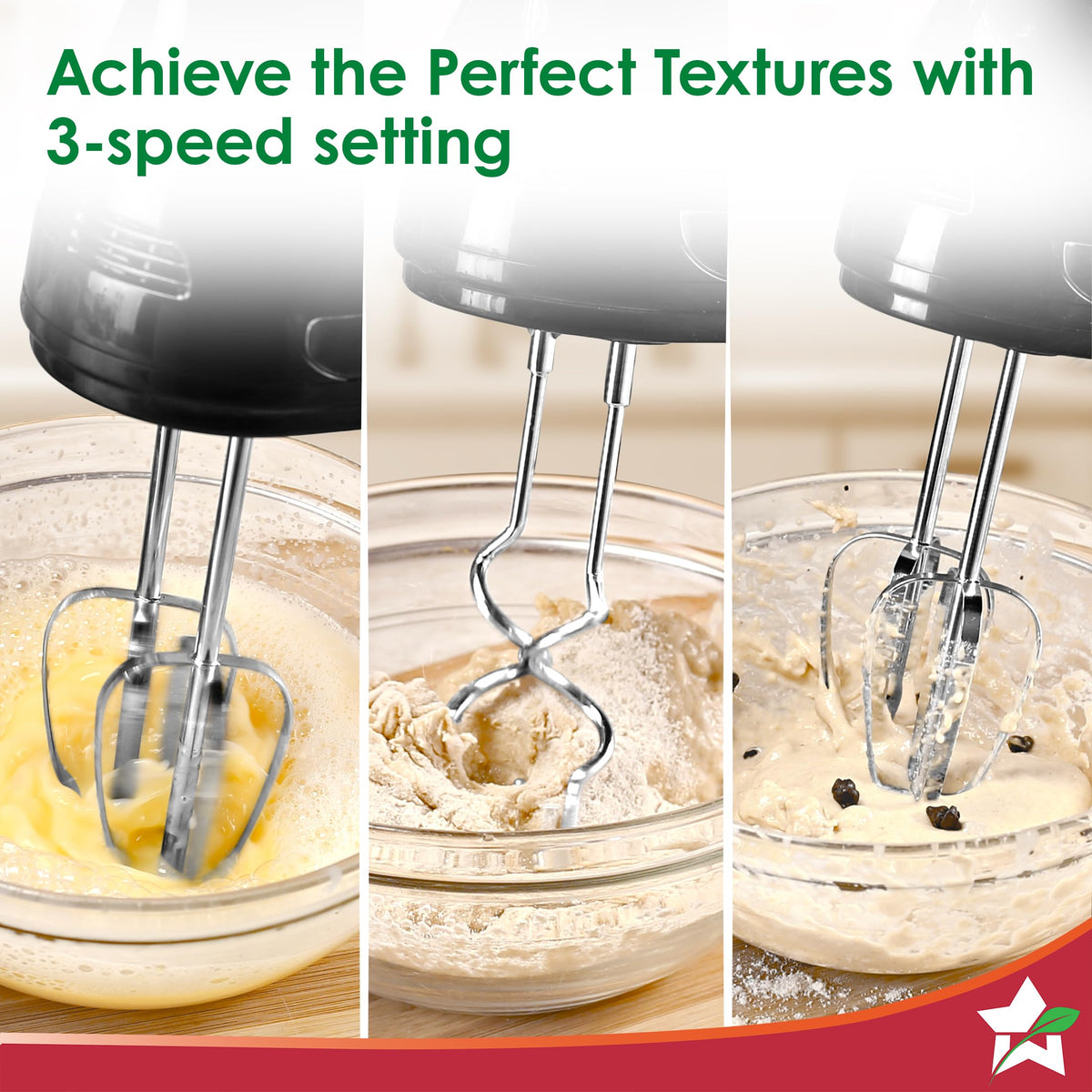 Wonderchef Essenza 63155060 hand mixer shown in three panels with beaters and dough hooks mixing different textures